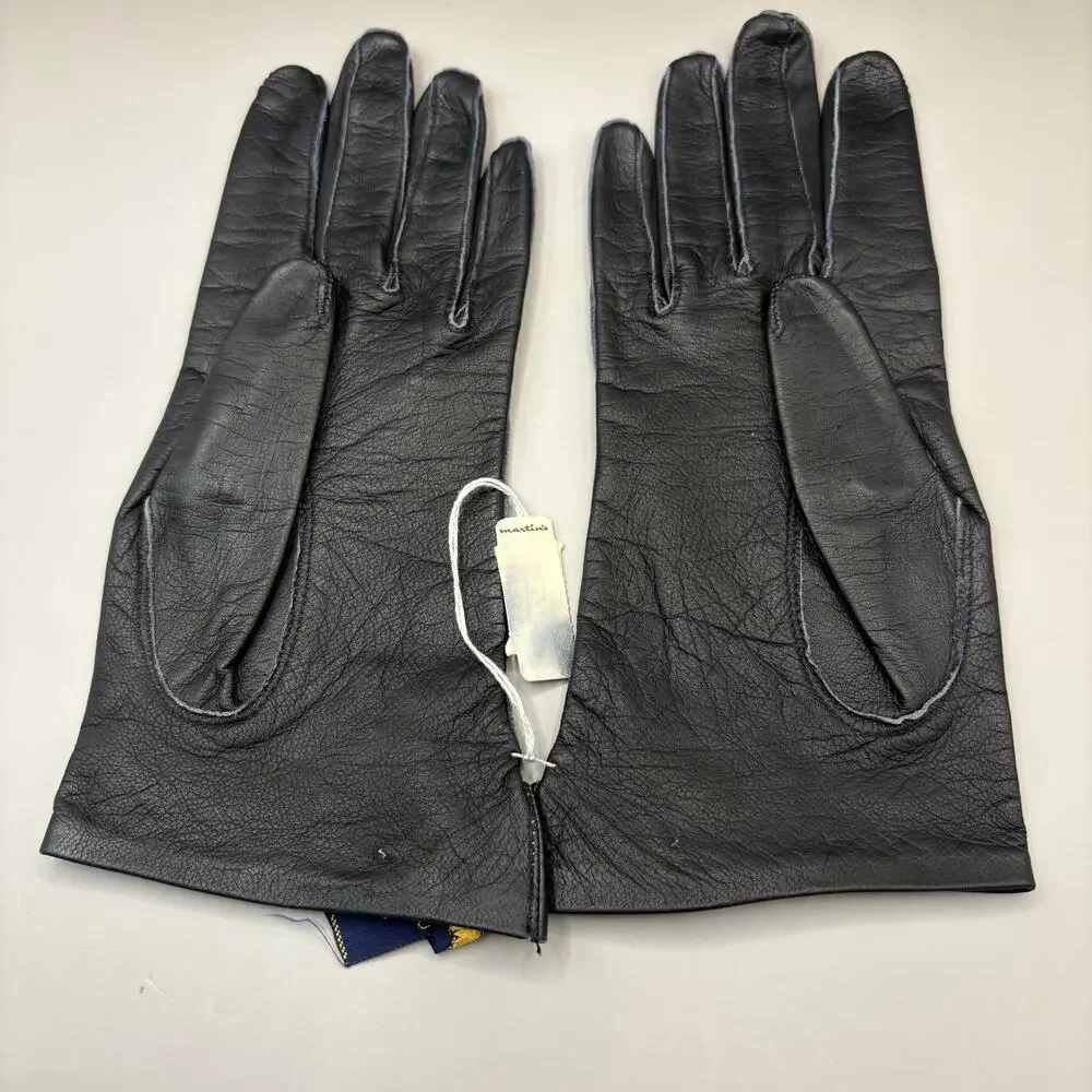 VTG Leather Gloves Black Embroidered Pure‎ Silk Lined Made in France XS 7 NOS